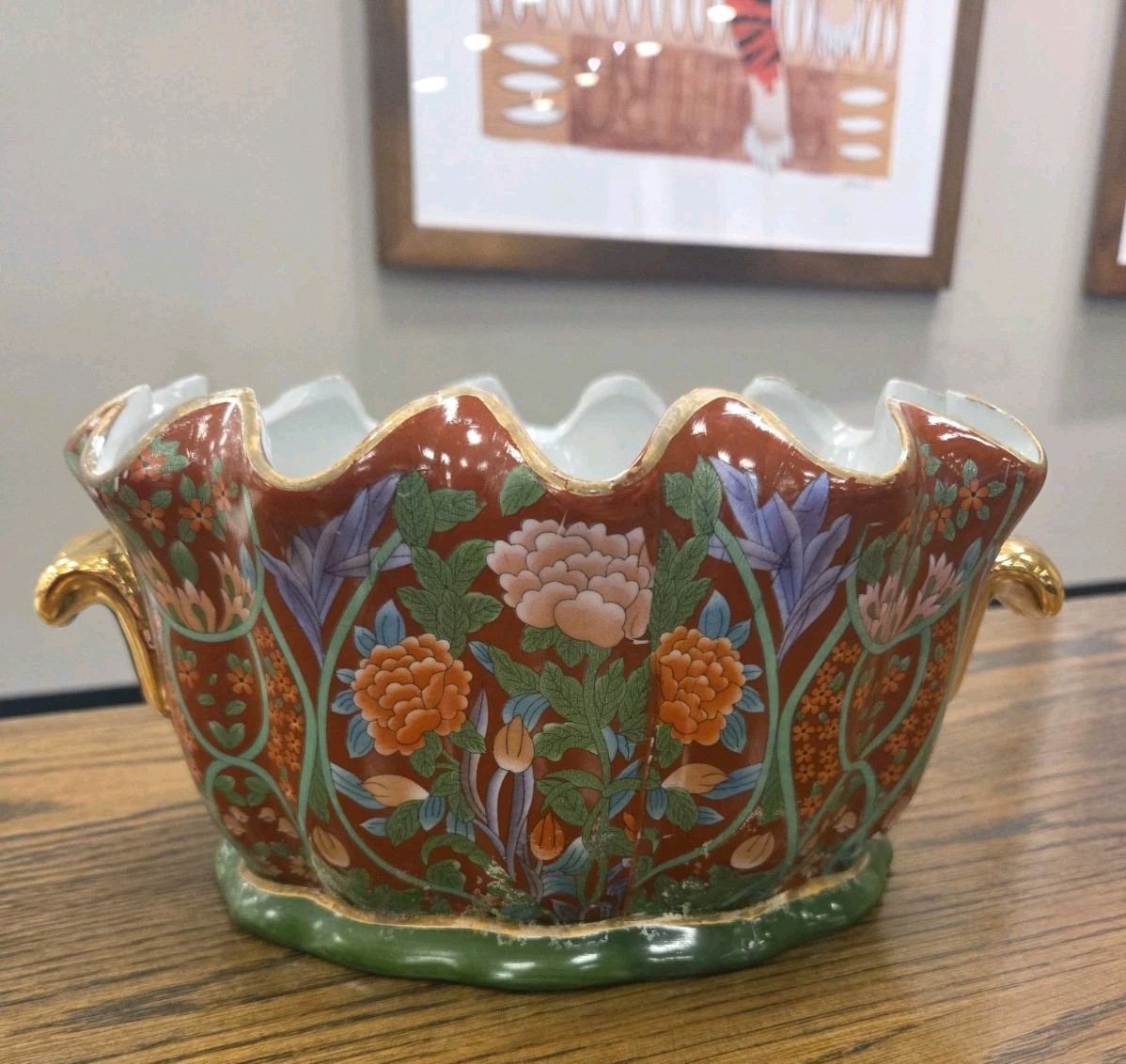 Chinese Foot Bath Satsuma Style Floral Red Vtg Porcelain Jardiniere Gold