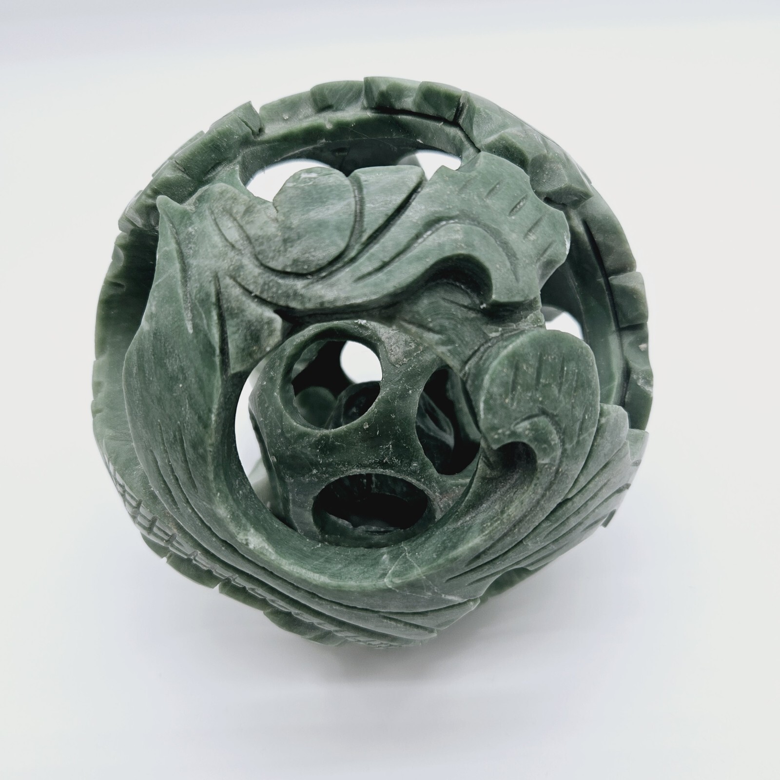 Vtg Chinese 3-Layer Hand Carved Green Stone Serpentine? Ball Sphere 4.5″ Floral