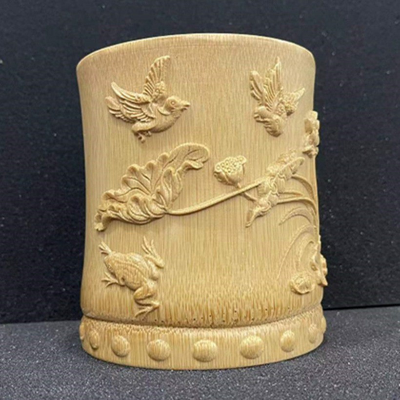 Bamboo Carved Lotus Pen Holder 4.72in Chinese Desk Decor