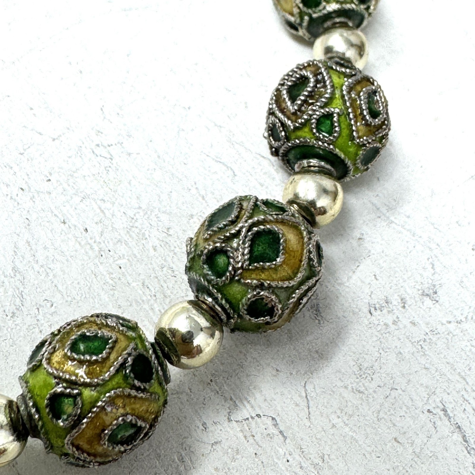 Enameled Green & Silver-Tone Vintage-Inspired Beads With Intricate Detailing