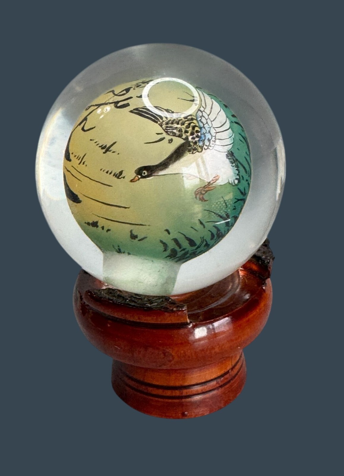 Chinese Reverse Painted Crystal Ball Bird Scene Wood Stand 4 Inch Glass Artwork