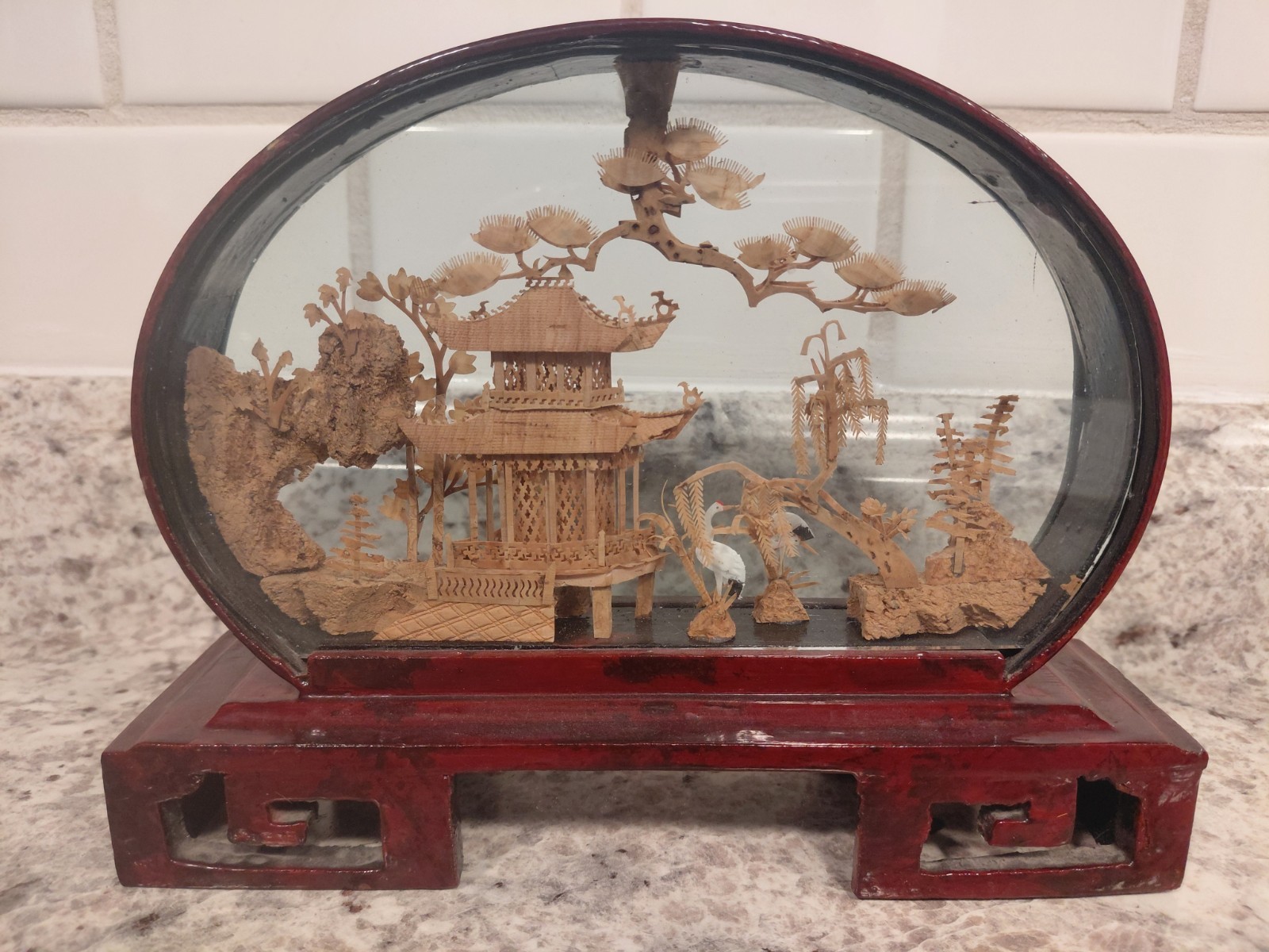 Vintage Oval Chinese Cork Art Diorama Shadow Box Pagoda Cranes Scene Glass Frame