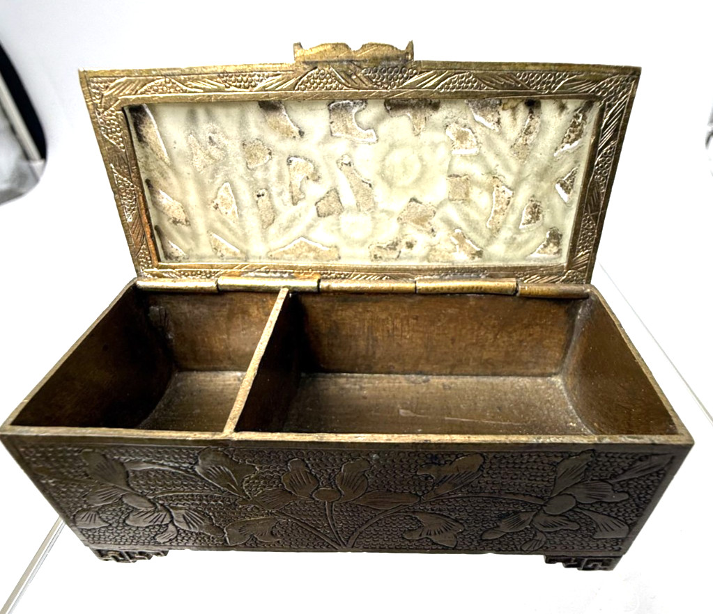 Vintage Chinese Etched Brass and Carved Jade Hinged Box