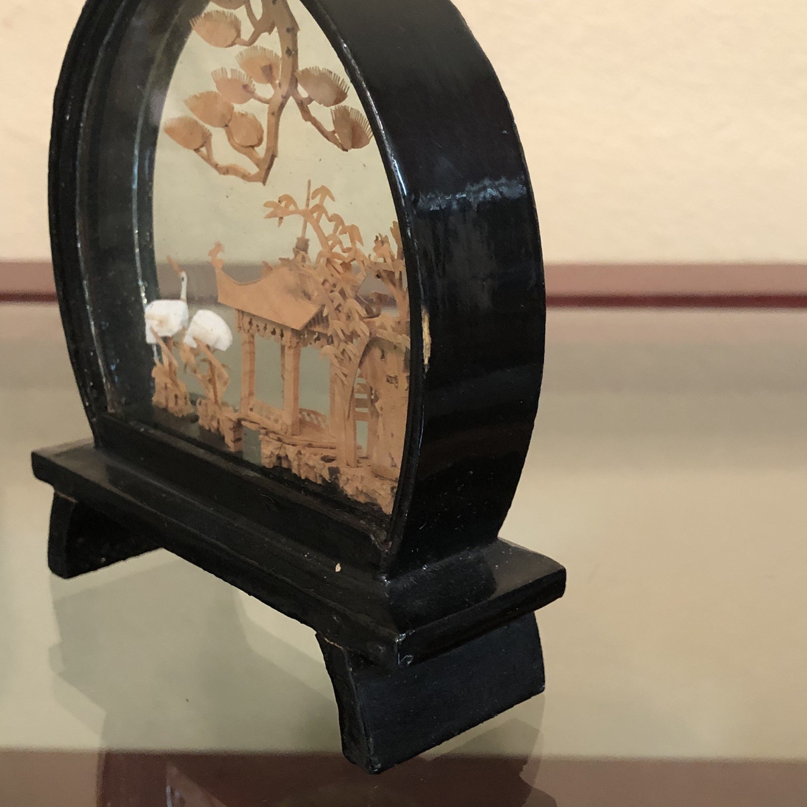 Vintage Chinese Cork Carving Art Diorama Pagoda Trees Cranes 4.25″ H