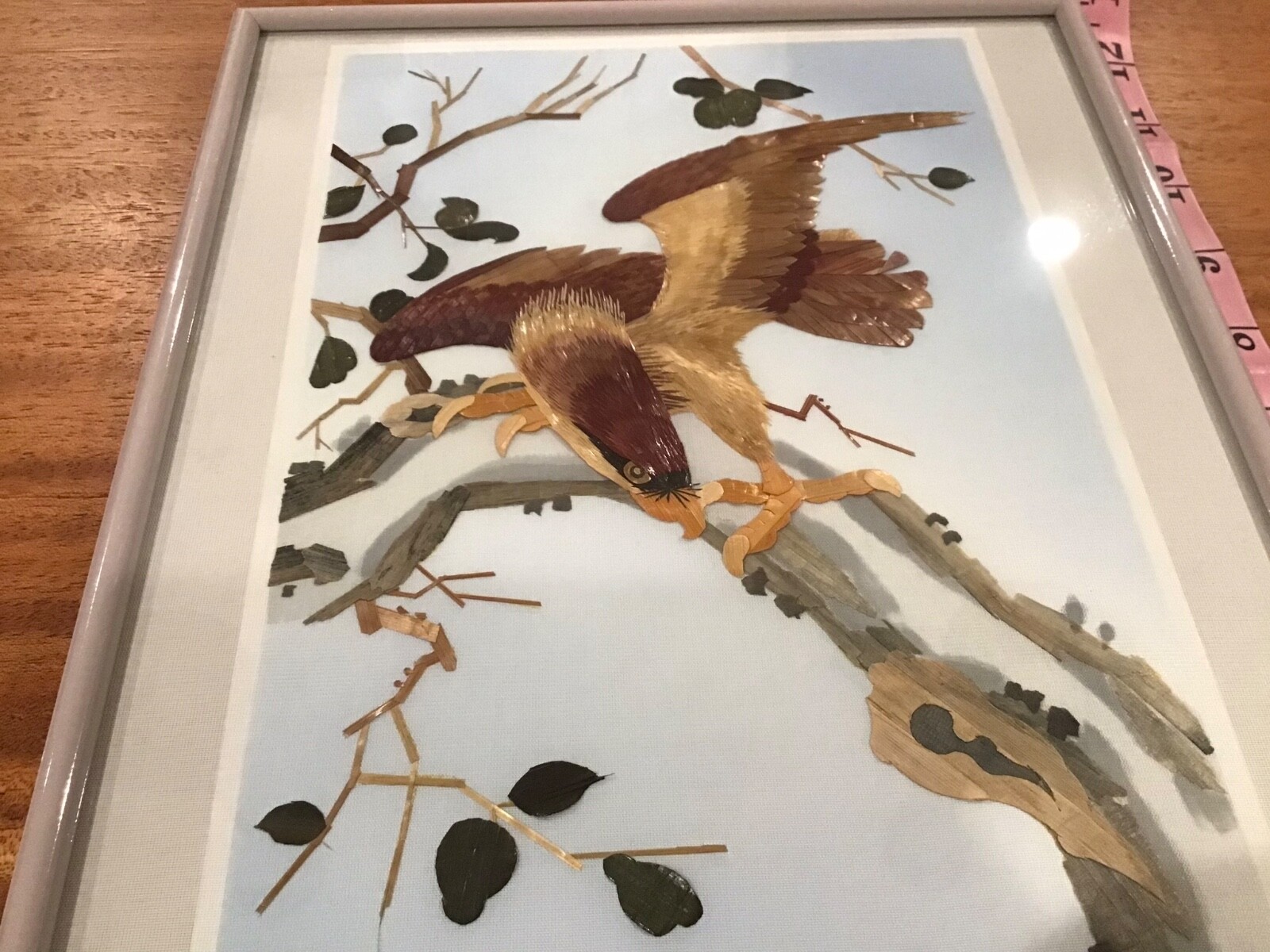 VTG ASIAN CLOTH PAINTED WOOD HAWK PICTURE WALL ART FRAMED- ONE OF TWO AVAILABLE