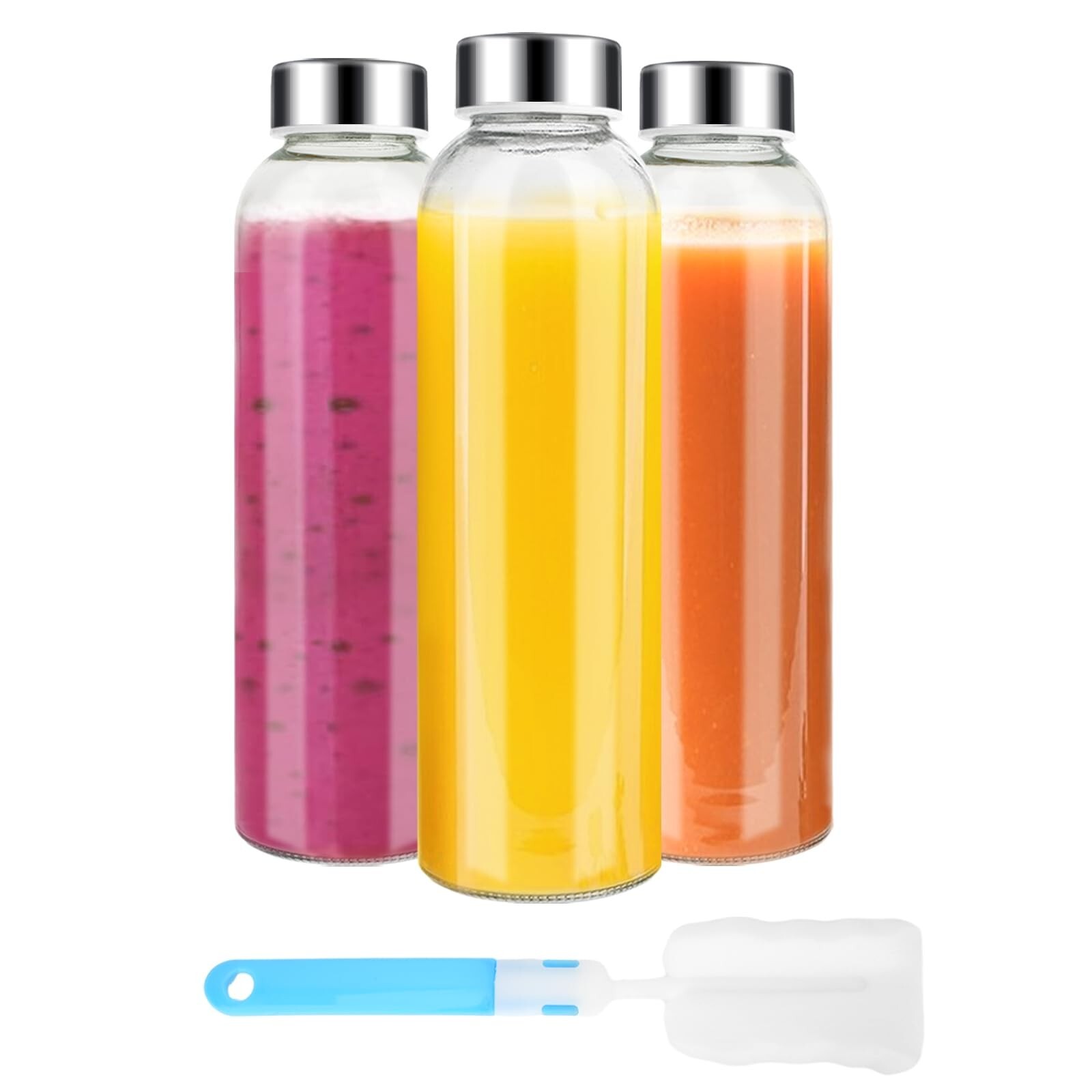 Clear Glass Bottles with Lids 18 oz, Reusable Glass Water Bottles with Stainl…