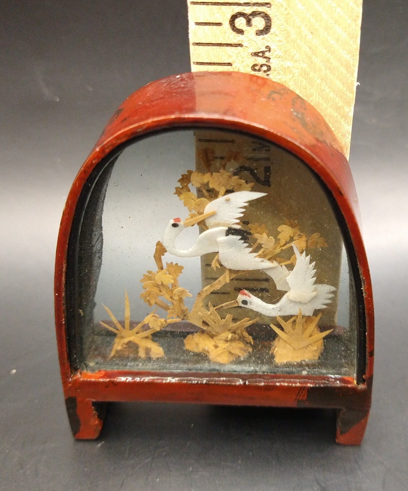 Vintage Chinese Cork Small Diorama Cranes & Trees Arch Shaped Lacquered Wood