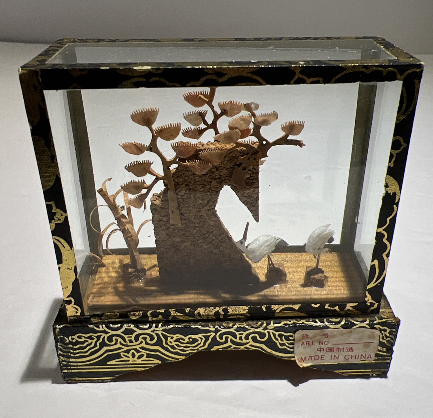 Vintage Oriental Chinese 3D Handcarved Cork Diorama Trees/Cranes 4×3.5×1.25 Inch