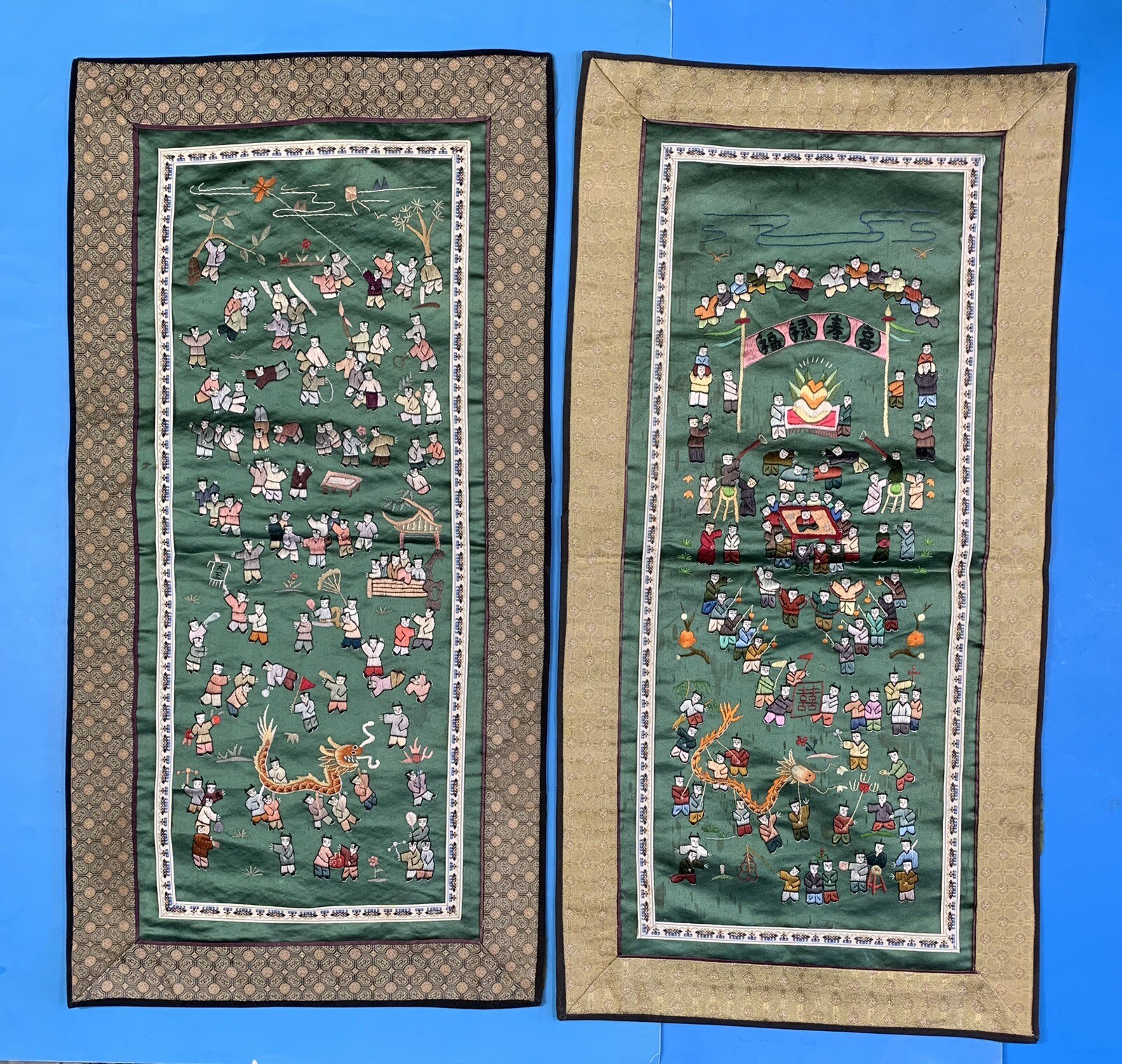 2 Vintage Chinese Hand Embroidered Silk Tapestry Wall Hanging Panels Children