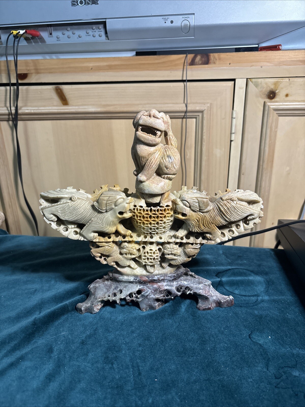 Antique Chinese Hand Carved Soapstone Incense Burner Foo Dogs/Lions Vintage (bf)