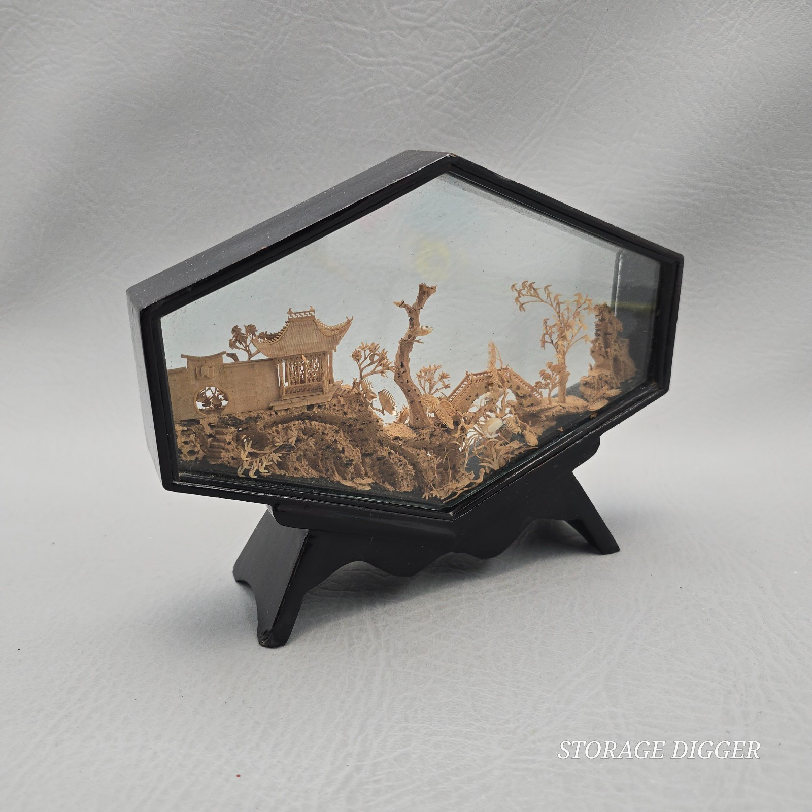 VTG Chinese Hand Carved Cork & Wood Diorama In Hexagon Glass & Wood Display