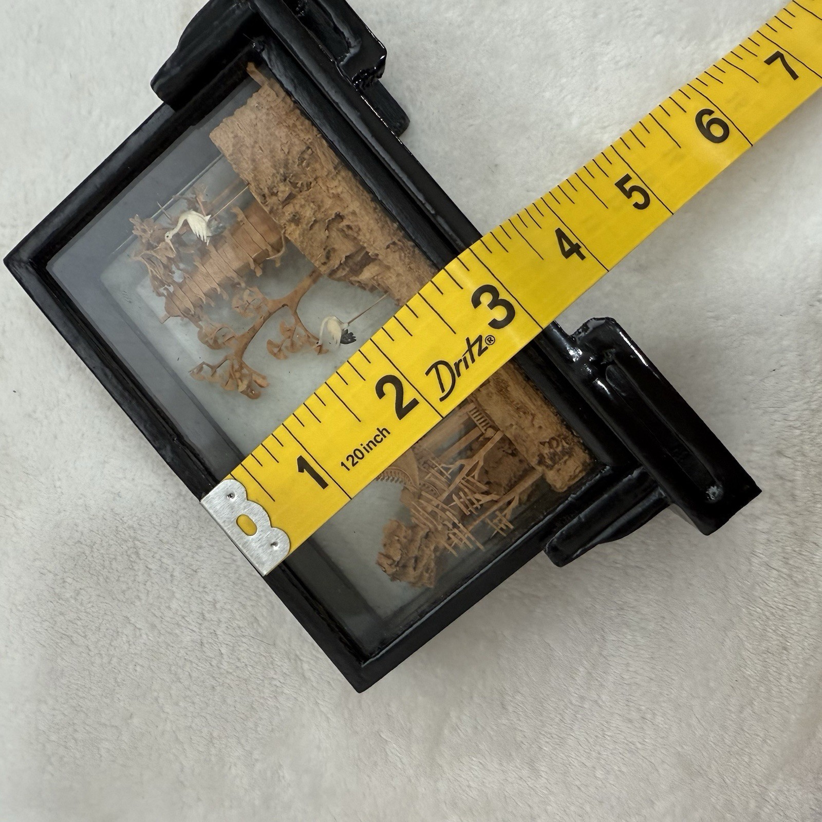 Vintage Chinese Hand Carved Cork Diorama Decoration Birds Framed Glass Wood