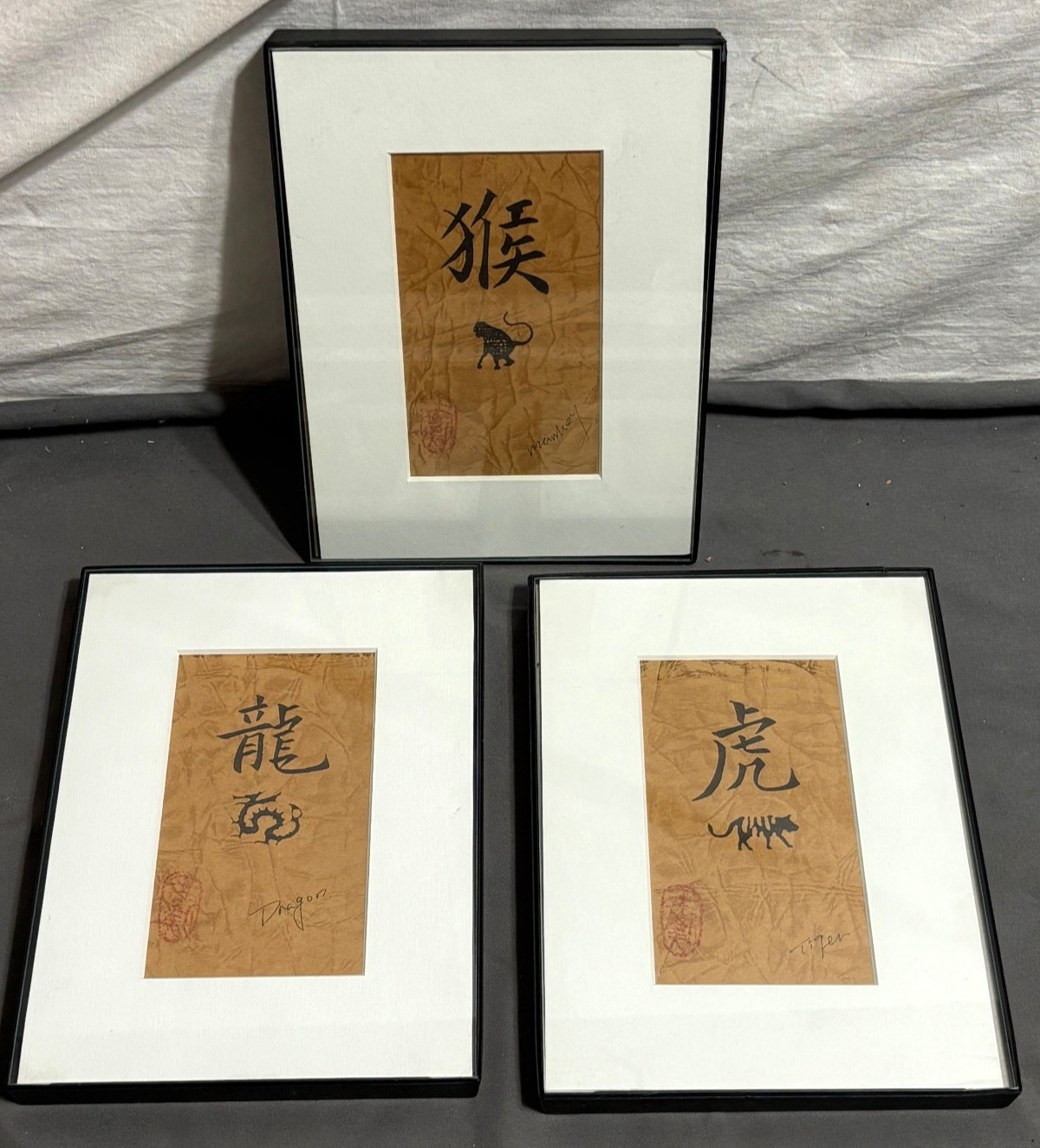 Lot 3 vintage 5×7 Chinese ZODIAC Calligraphy Art TIGER DRAGON MONKEY Signed Red
