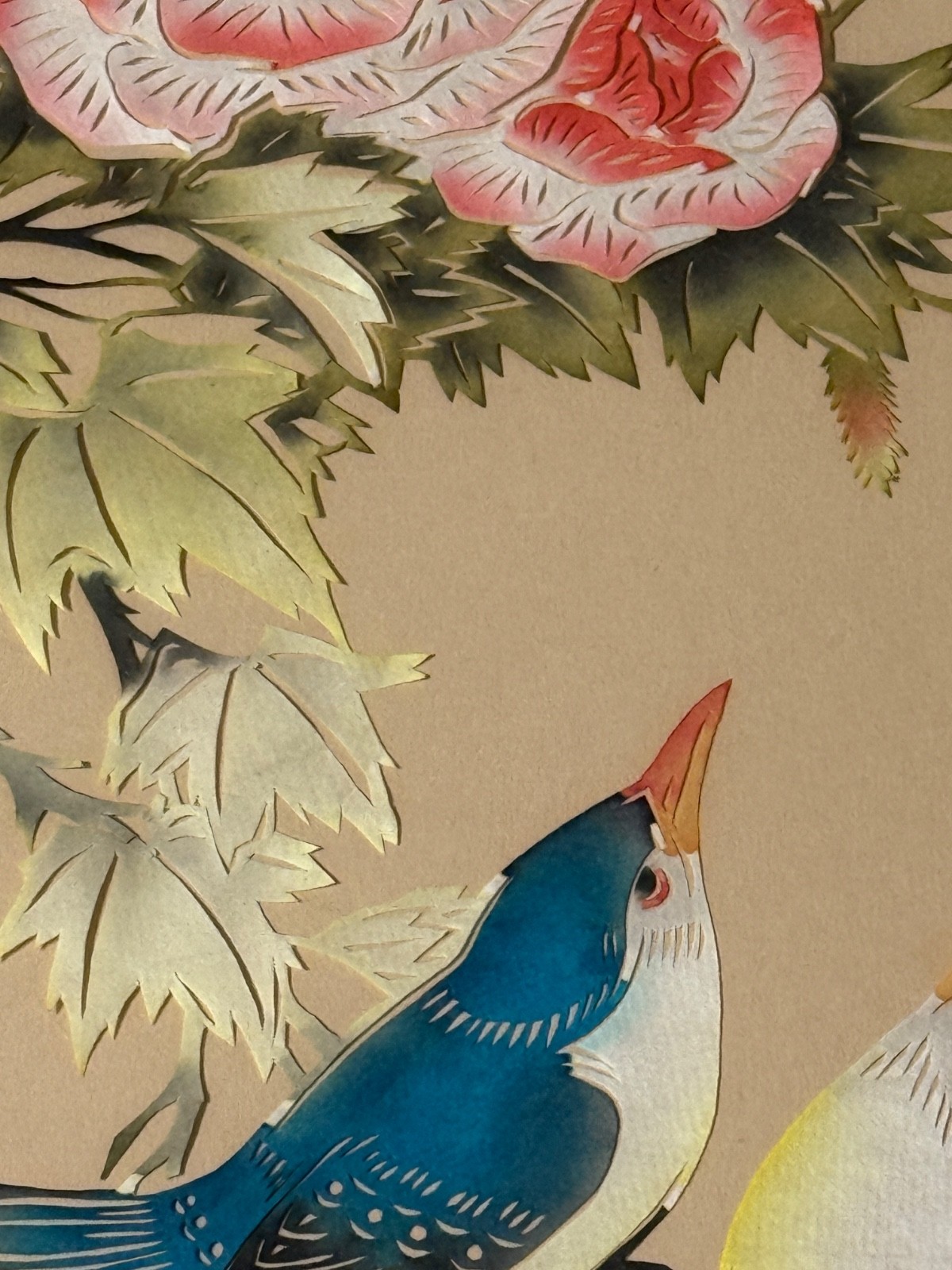 Vintage Asian Hand-Cut Bird & Flower Gouache Painting – Mid-Century Chinese ART