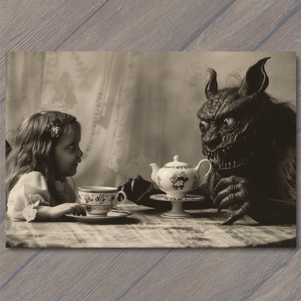 FLATCARD Girl Monster Tea Party Weird Creepy Imaginary Mask Nightmare Unusual