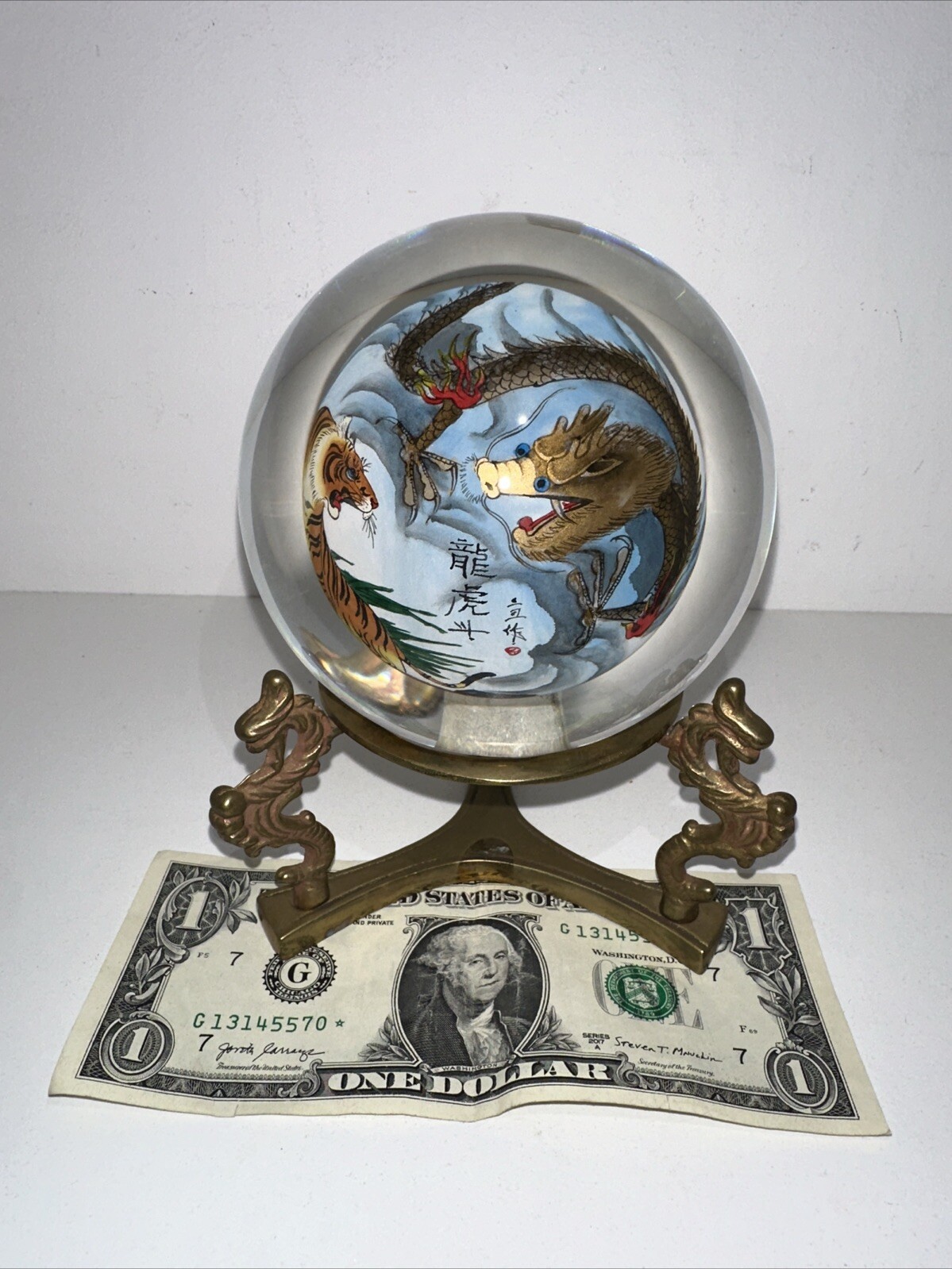 Vintage Asian Glass Ball Dragon Rotating Stand Chinese Reverse Painted Sphere