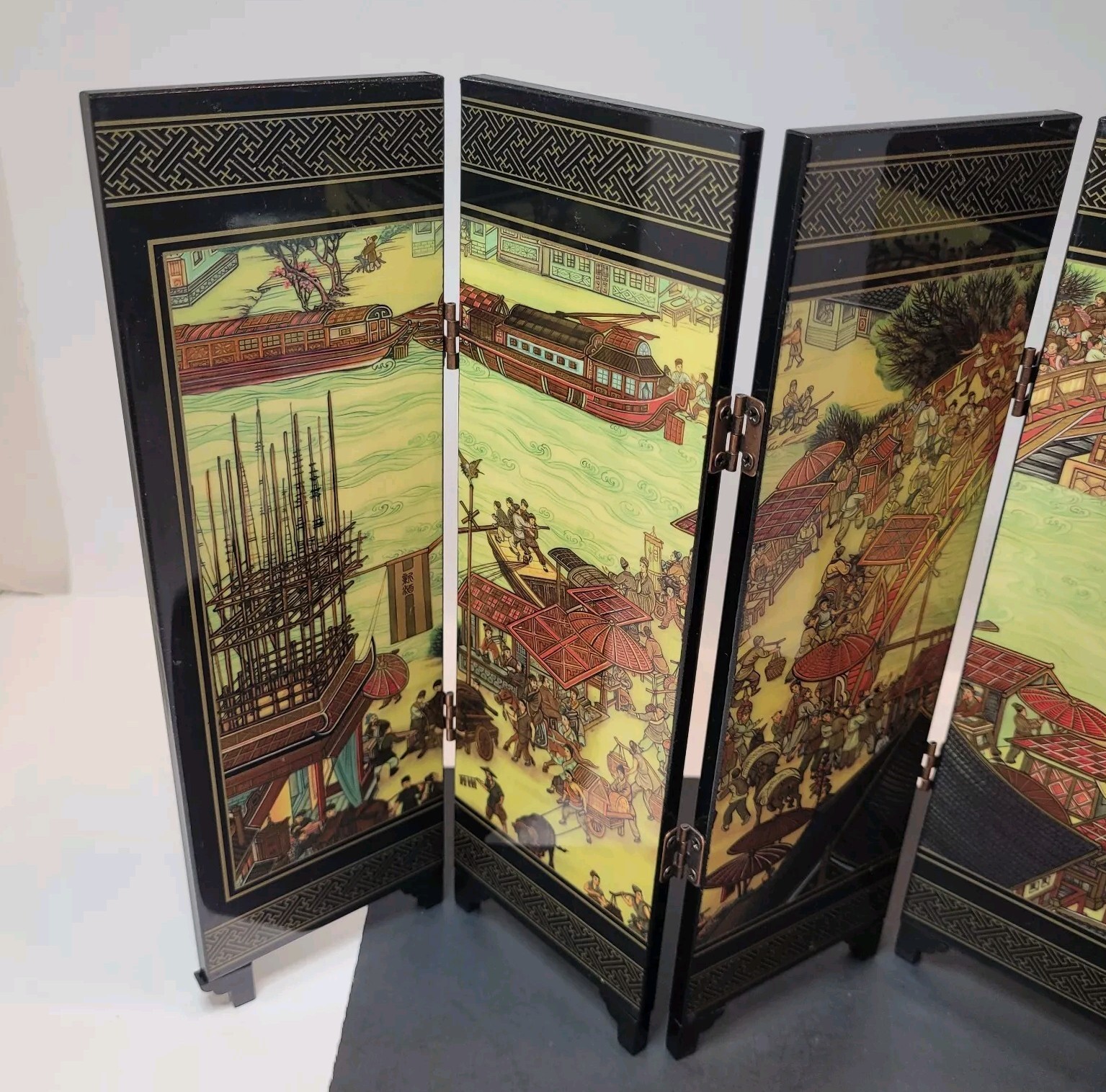 Asian Tabletop Folding Screen 4 Panels 2 Sided Festival Scene Acrylic 9.5×18″