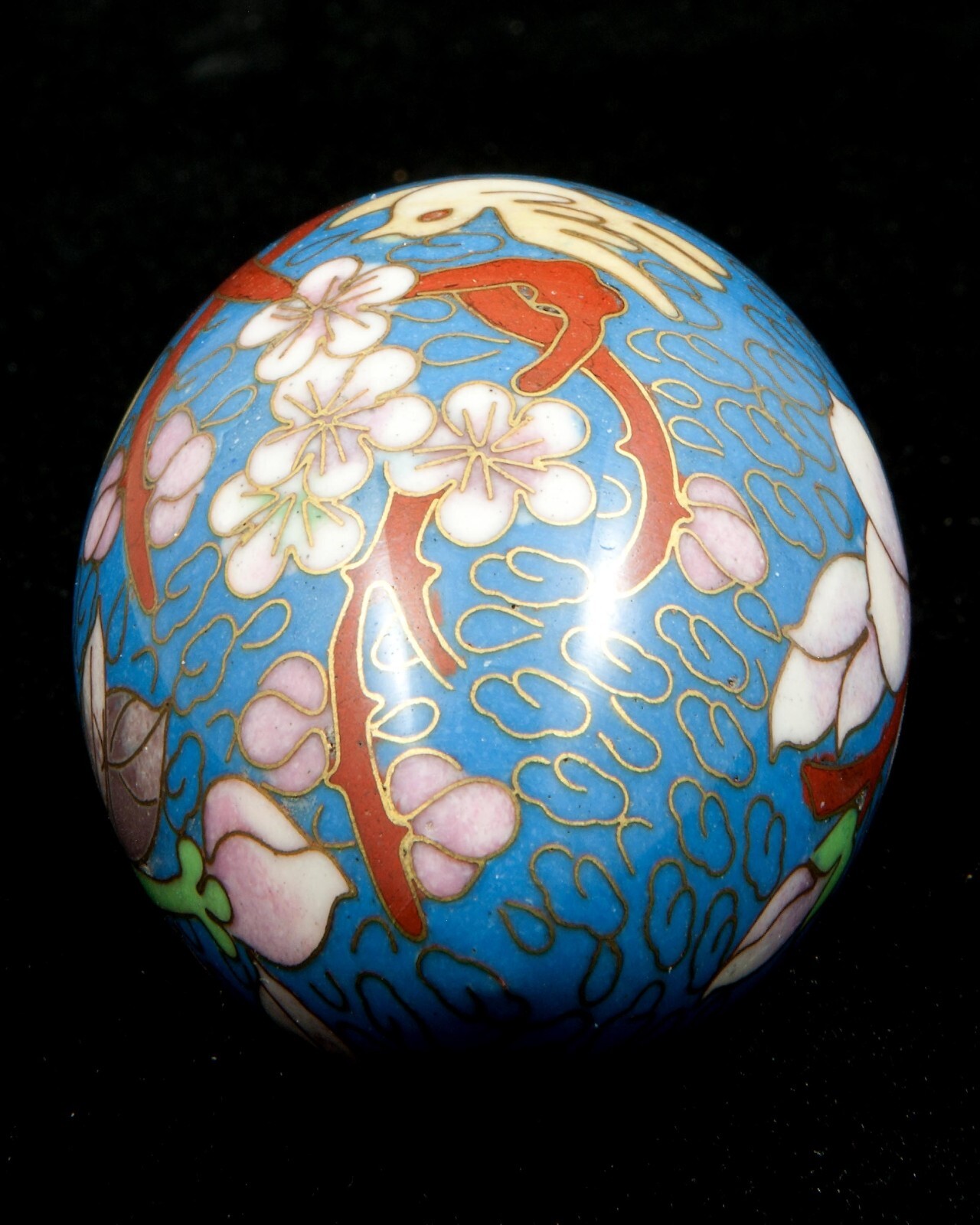 VTG Chinese Floral on Blue Cloisonne Enamel Metal Egg 2-1/2″ Tall w/Stand