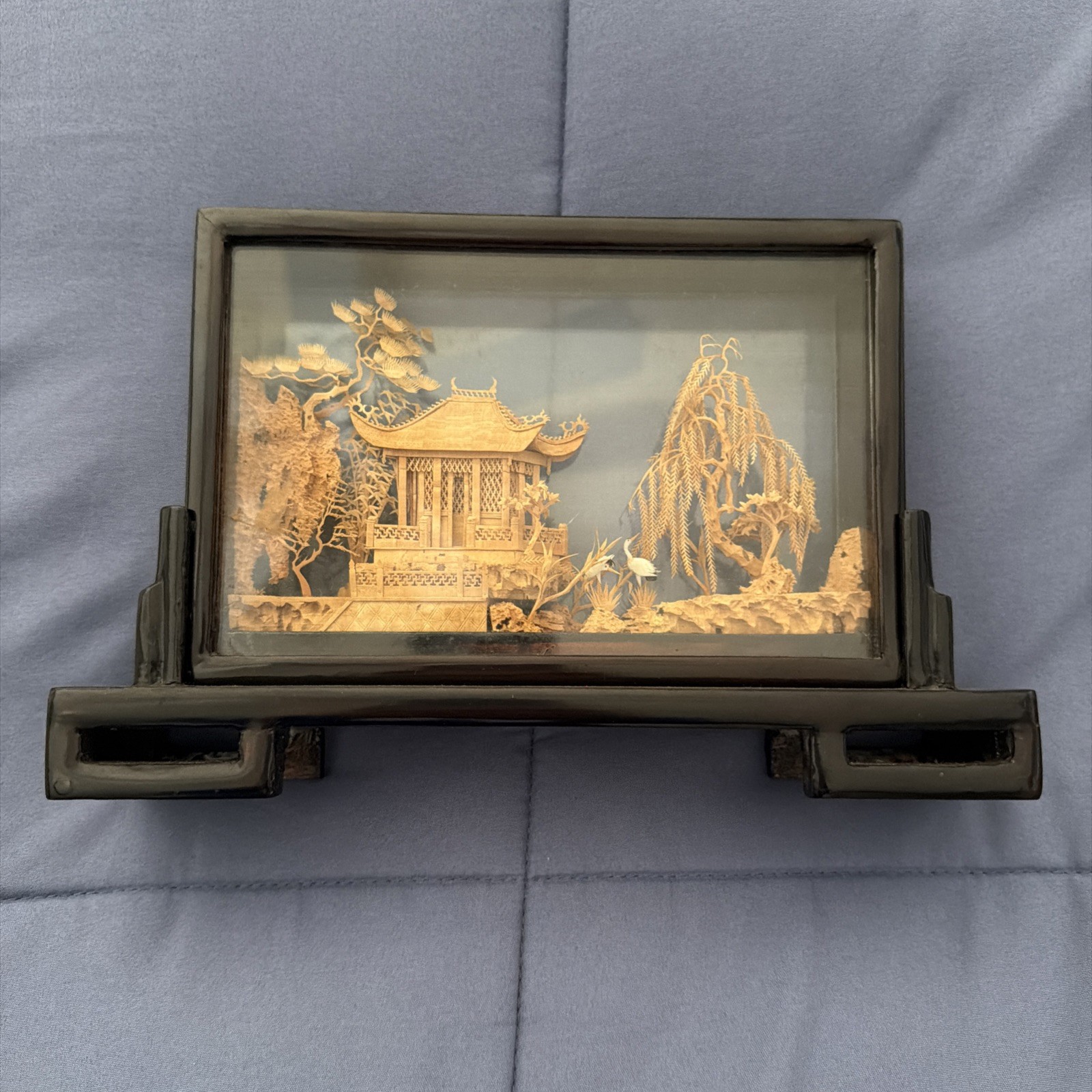 Vintage Chinese San You Cork Art Hand Carved Diorama Pagoda Cranes Trees