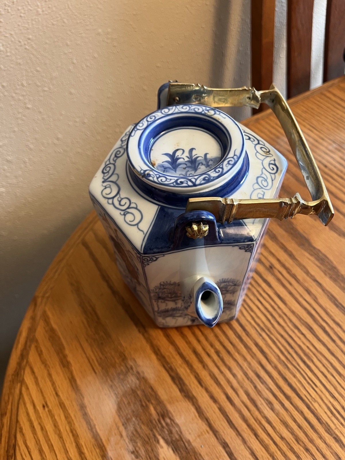Large Vintage Thailand Blue & White Porcelain Teapot with Brass Handle