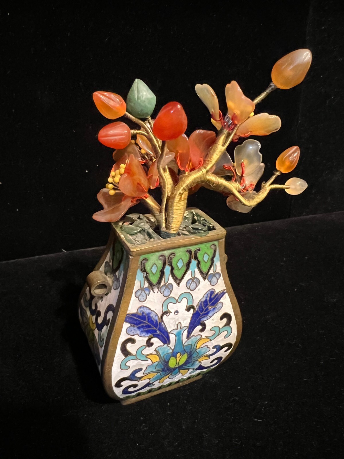 Miniature Antique Chinese Carnelian Quarts Jade Flower Tree in Cloisonne Pot