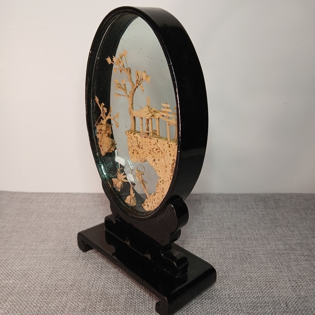 Vintage Chinese Cork Art Pagoda City Trees Cranes Glass Display Oval