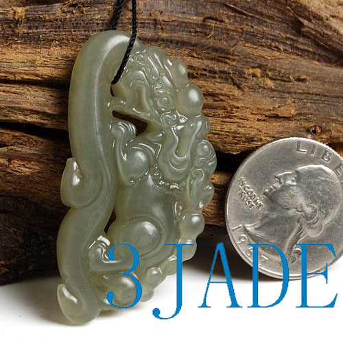 Natural Hetian Celadon Nephrite Jade Ancient Style Dragon Pendant / Carving