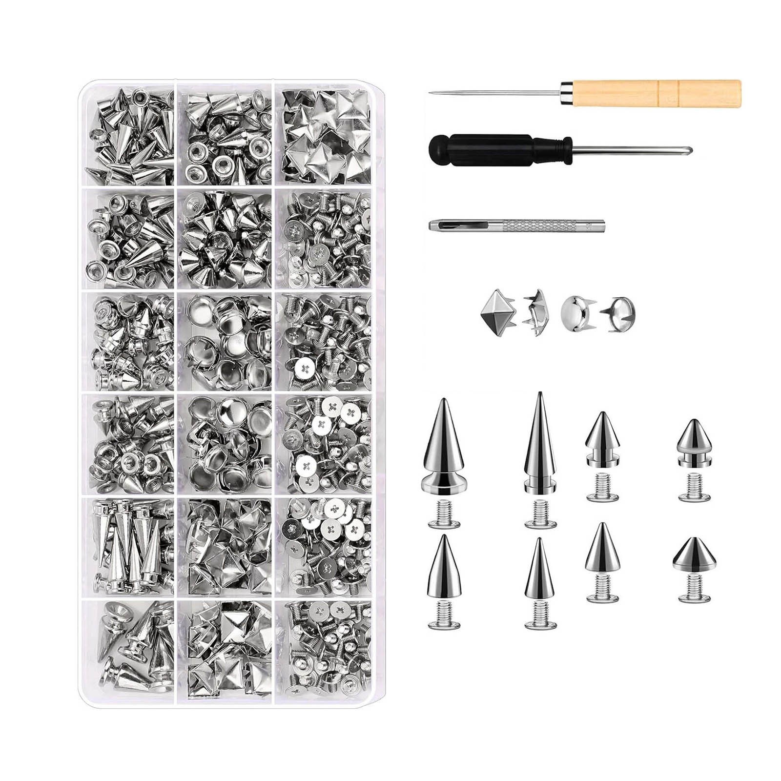 455PCS Metal Punk Studs and Spikes Assortment Set with Puncher Awl Screwdriver