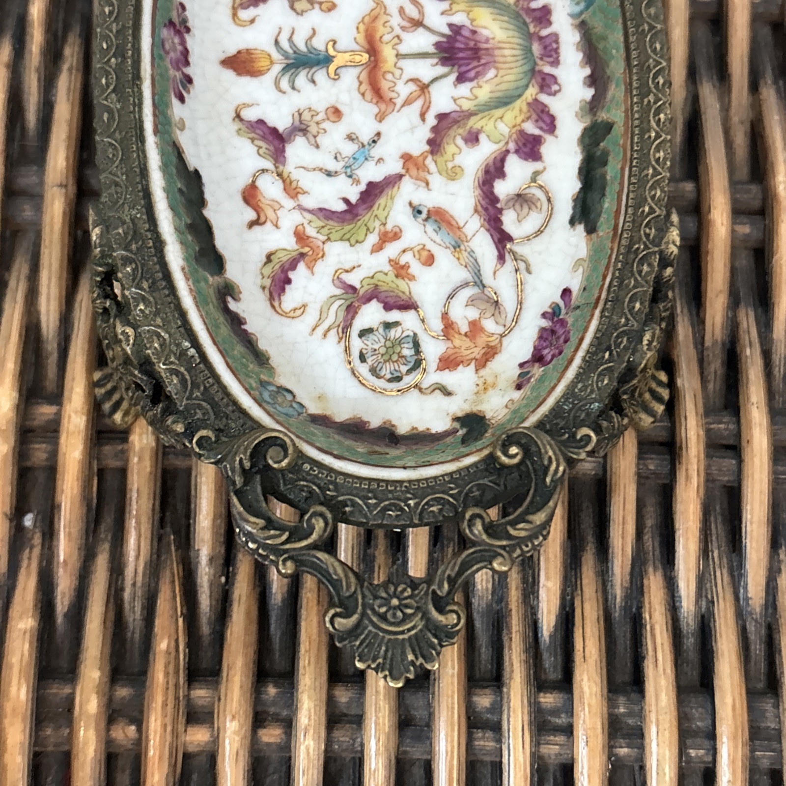 Vintage Hua Ping / Rong Tang Zhi Porcelain Brass Footed Soap or Trinket Dish