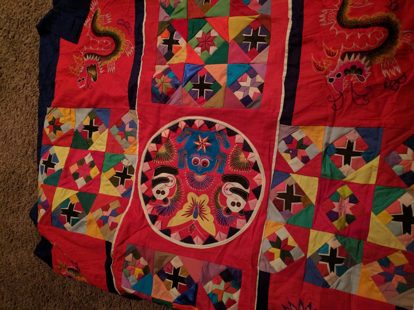 Vntg multi-color Chinese “bai Jim bie” Folk Art Quilt 59” x 59” 3D Textile Art