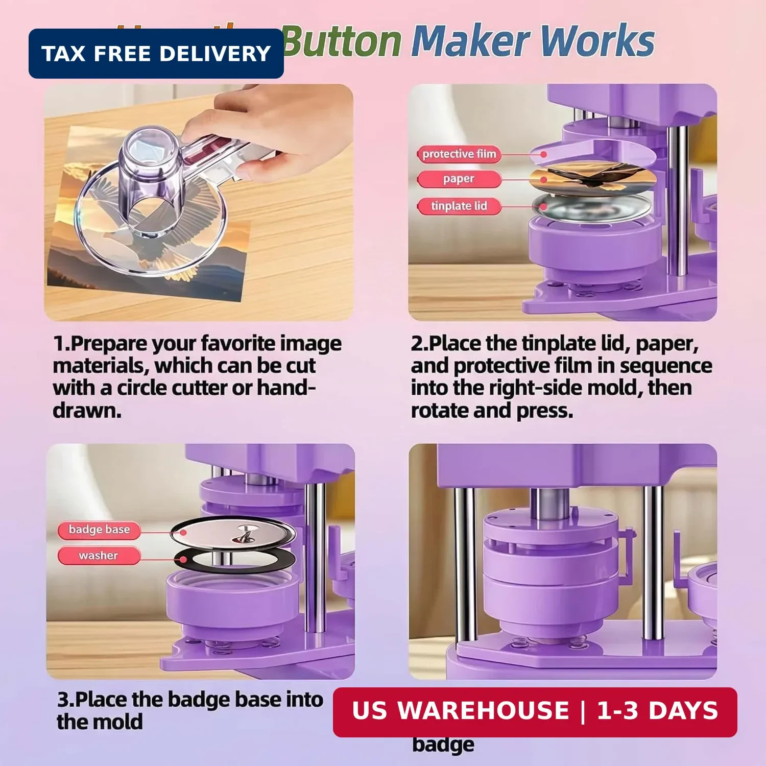 Freeingbag 58mm Button Maker Machine Kit, Installation-Free Button Pin Maker & P