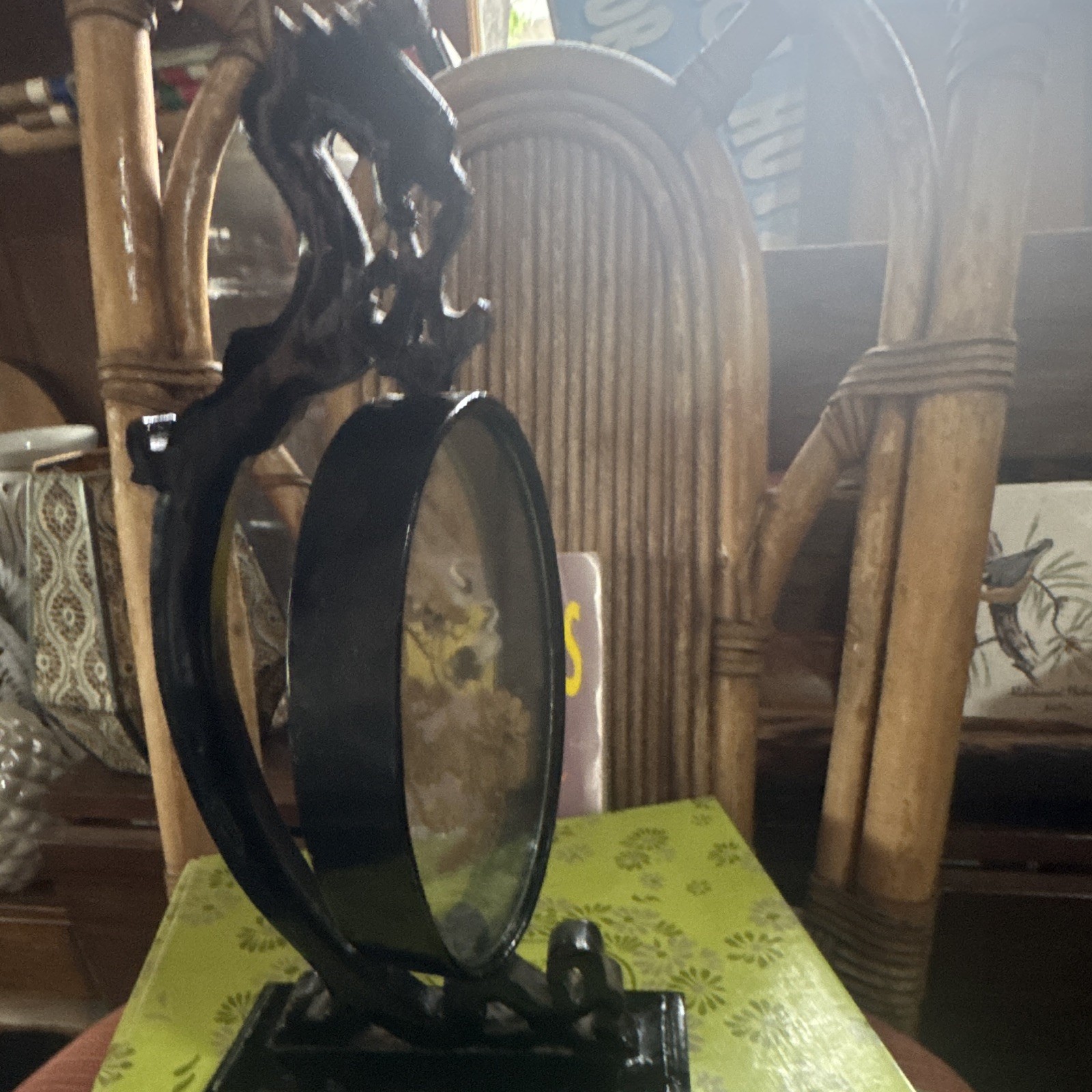 Chinese Glass Table Screen with Carved Cranes Tree Motif Black Stand