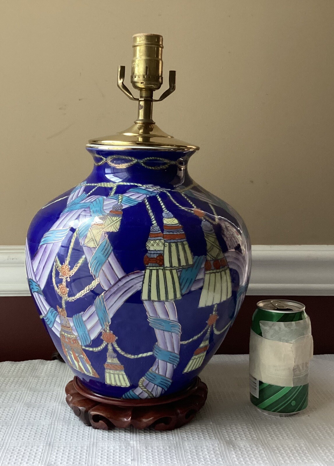 VTG Chinese Cobalt Blue Porcelain Vase Lamp Hand Painted Tassels Ribbons, 16.75”