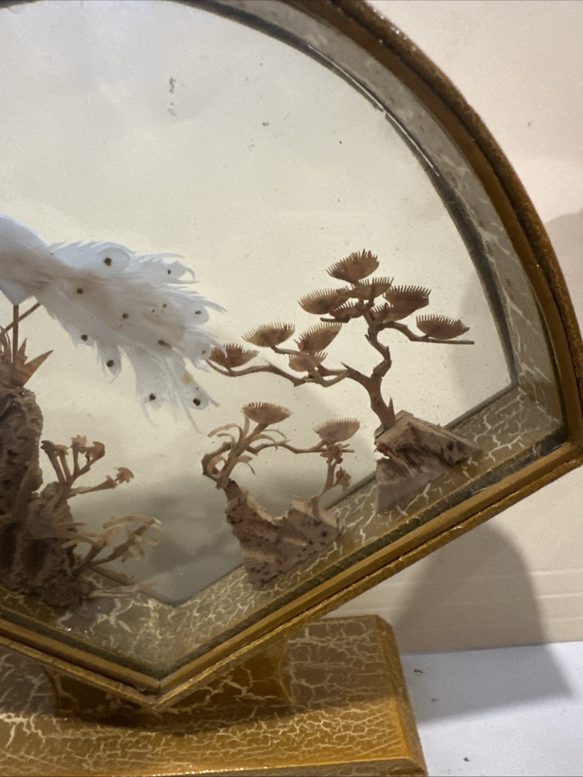 Asian Diorama Shadow Box Cork Sculpture Peacocks Hand Carved Gold Tone Frame Vtg