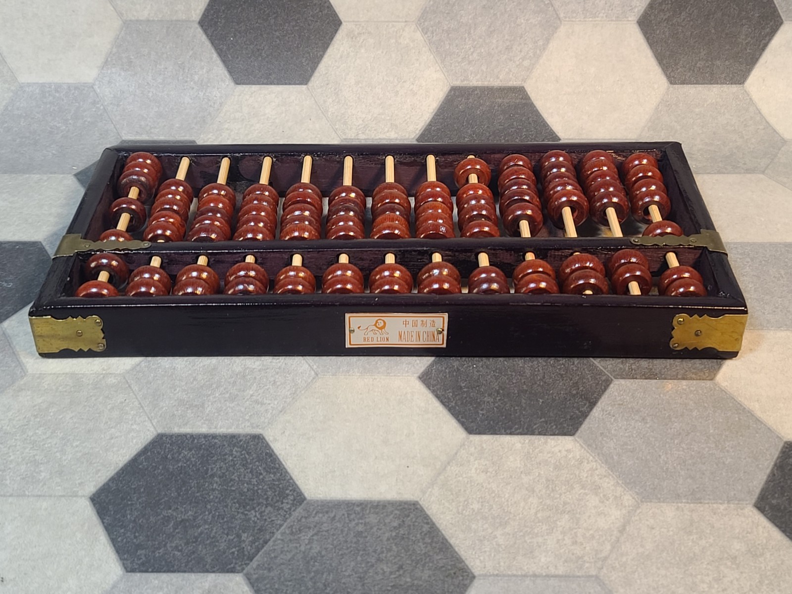 VTG Chinese Solid Wood Abacus 13 Rows 91 Beads Brass Corner Accents 12″ x 6″