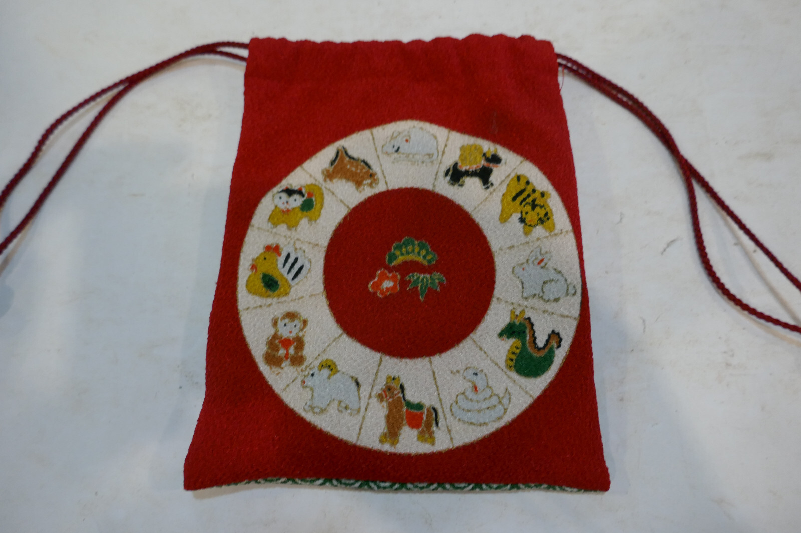 Vintage Chinese Zodiac Fabric Draw String Bag Nice Condition