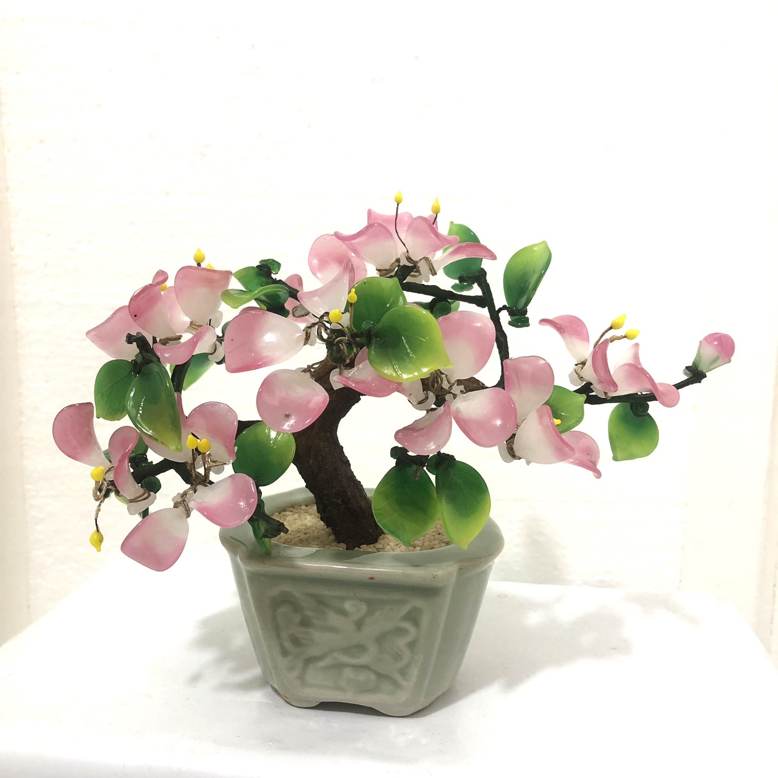 Vintage Bonsai Tree Glass Jade PINK Flowers Green Leaves Green Pot 6.5”