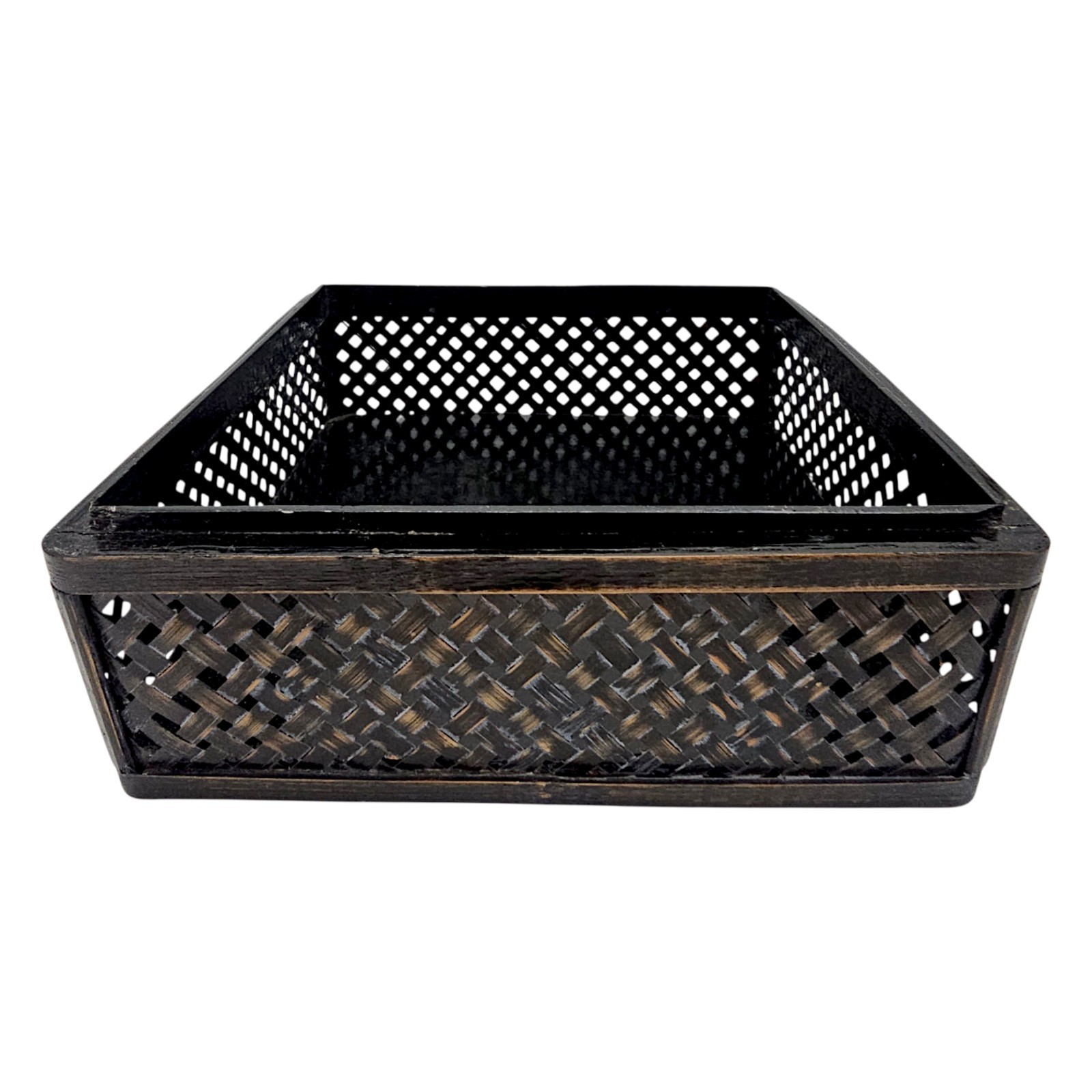 Vintage Chinese Wedding Basket Black Lacquer Woven Bamboo Export 13″ PRC