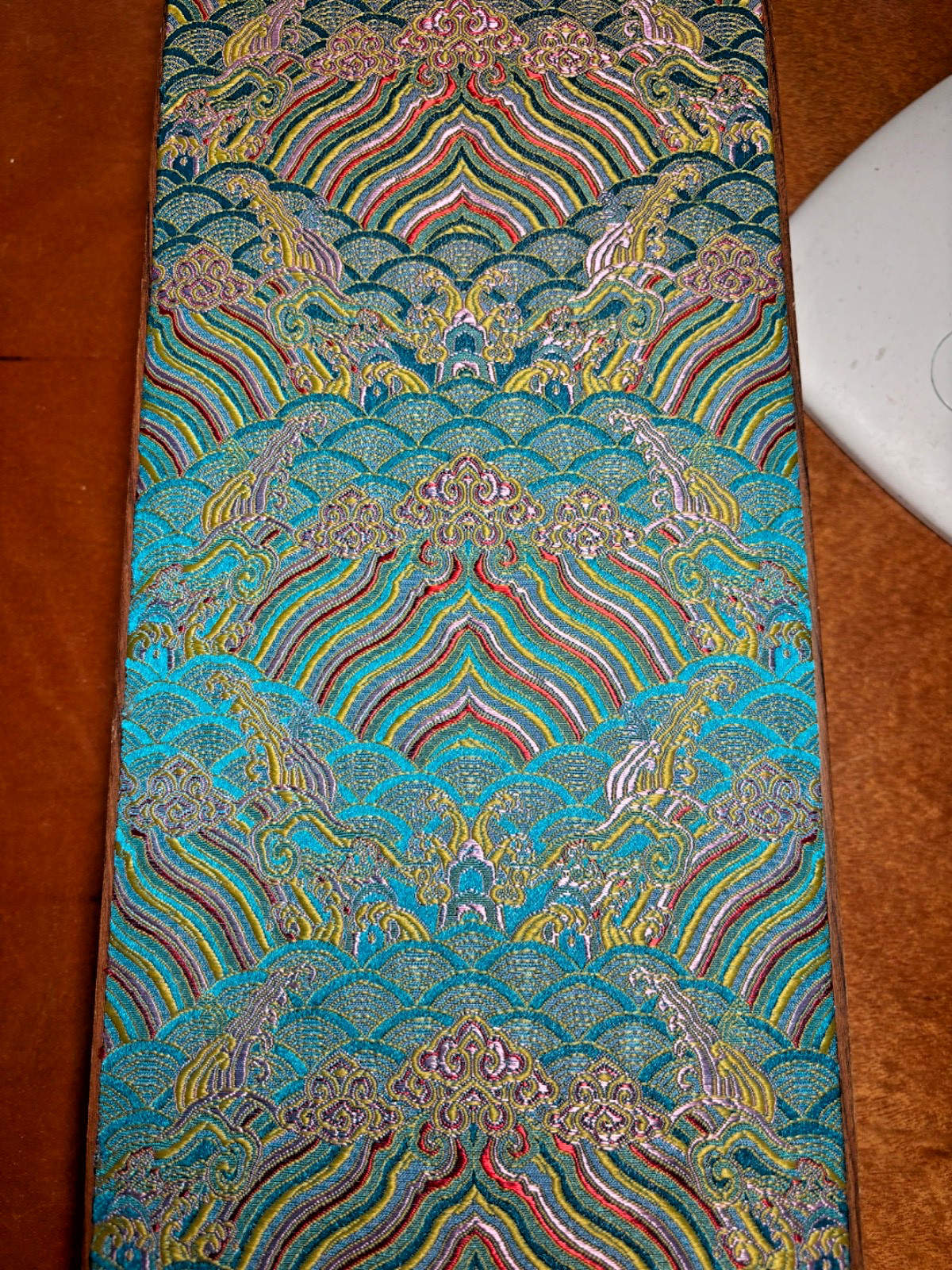 Chinese Silk Table Mat w/ Oxen Painting 27″ x 13″ In Quilted Box
