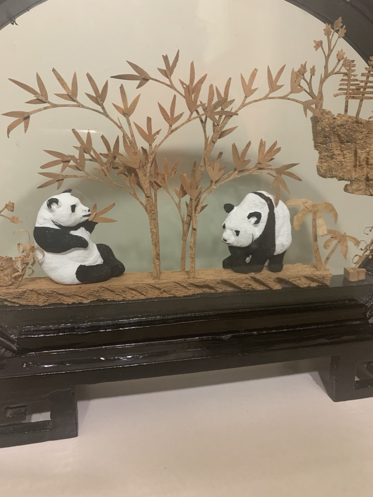 Panda Bear Vintage Collectible San You cork carve Art 3D Diorama in glass frame