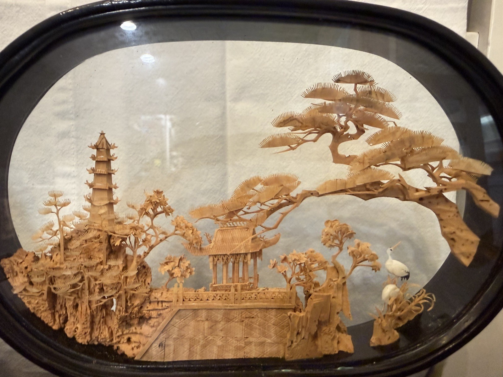 MCM Vtg. Carved Cork Chinese Art Diorama w/Cranes Pagoda and Trees Black Lacquer