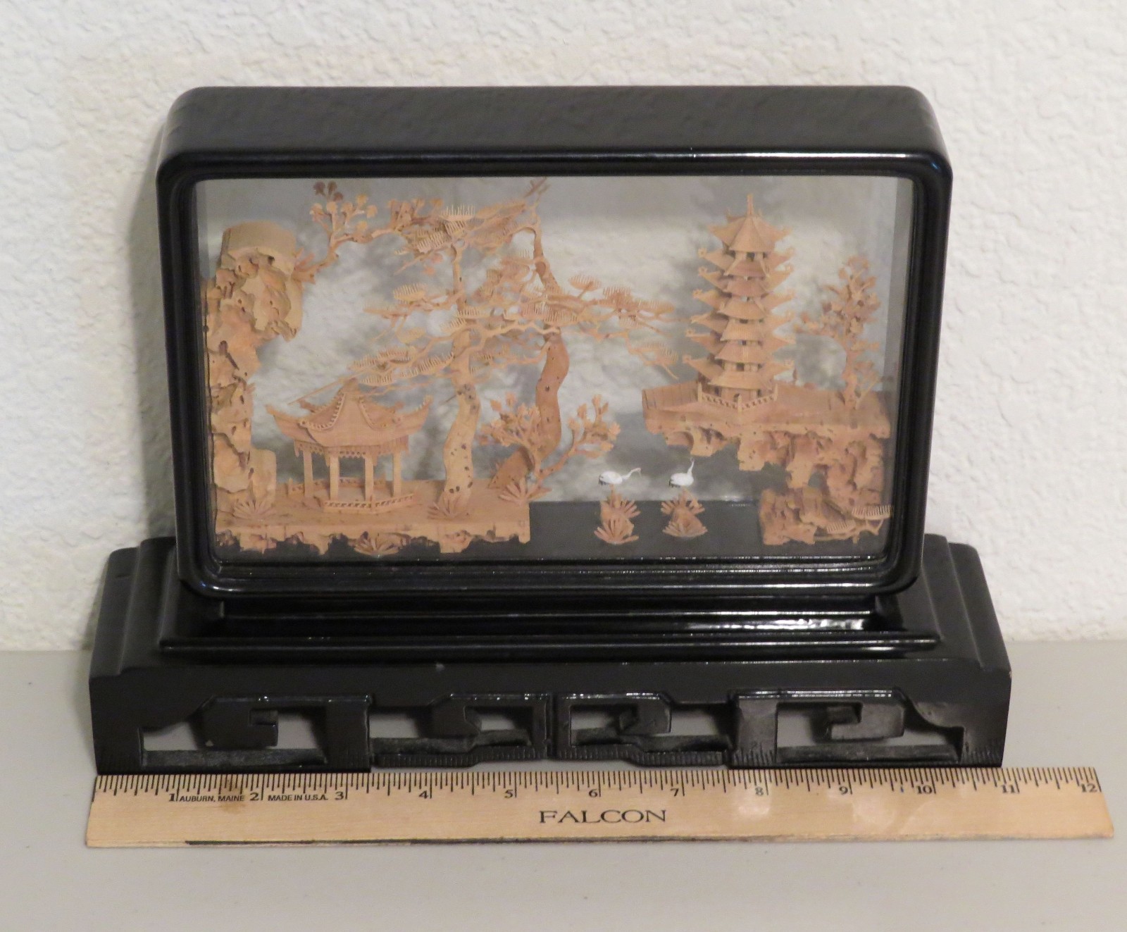 Asian Cork Diorama Pagoda Cranes Temple Trees 11 x 7.5