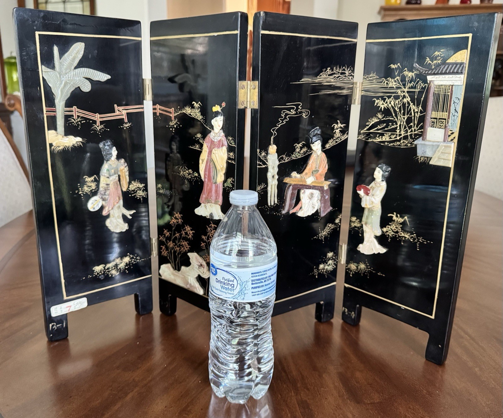 Vintage Table Top Chinese Folding Screen Carved Mother of Pearl Asian 4-Panel