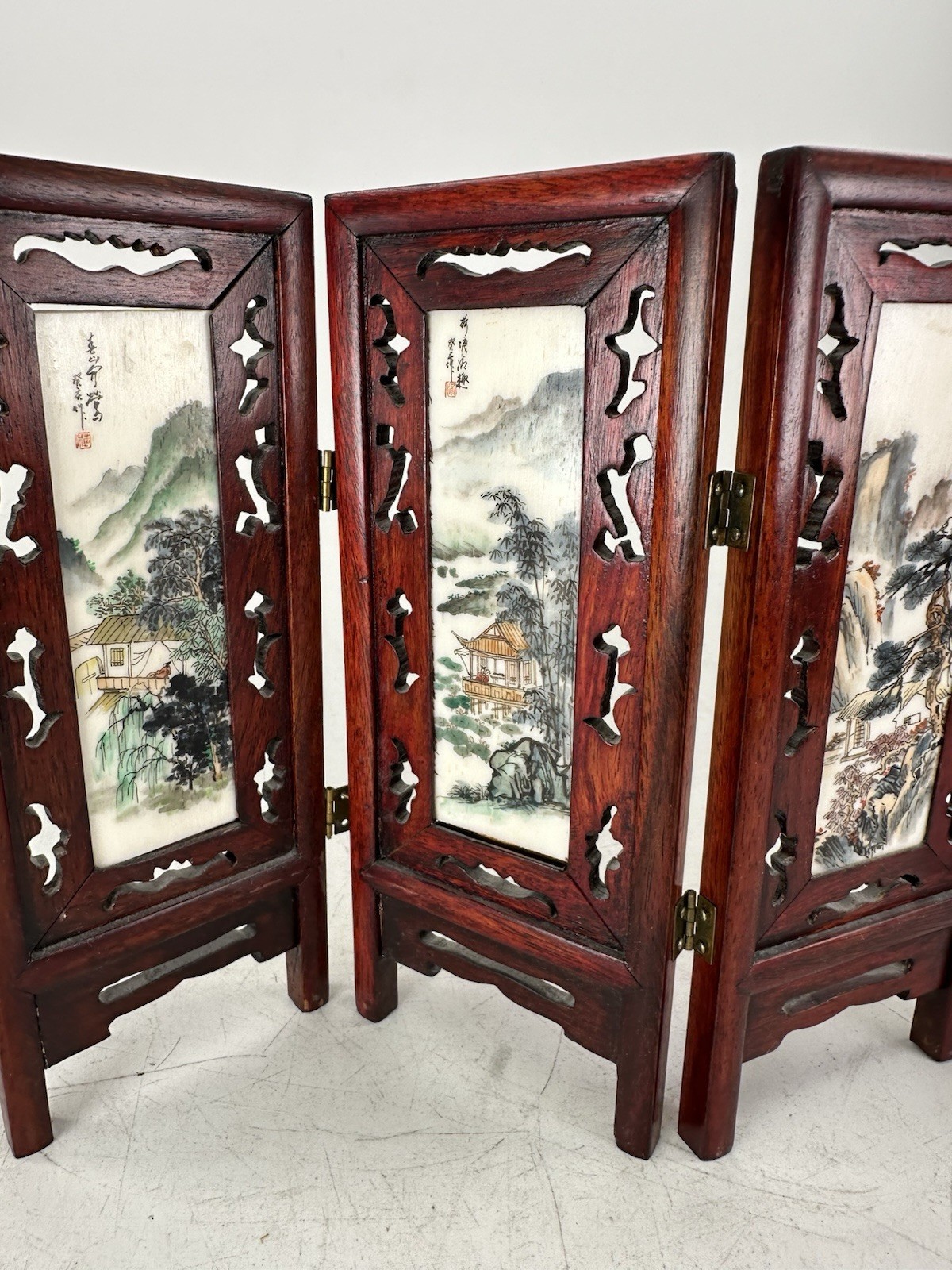 Antique Chinese 1900s 4 Panel Hand-Painted Mini Folding Screen Carved Engraved