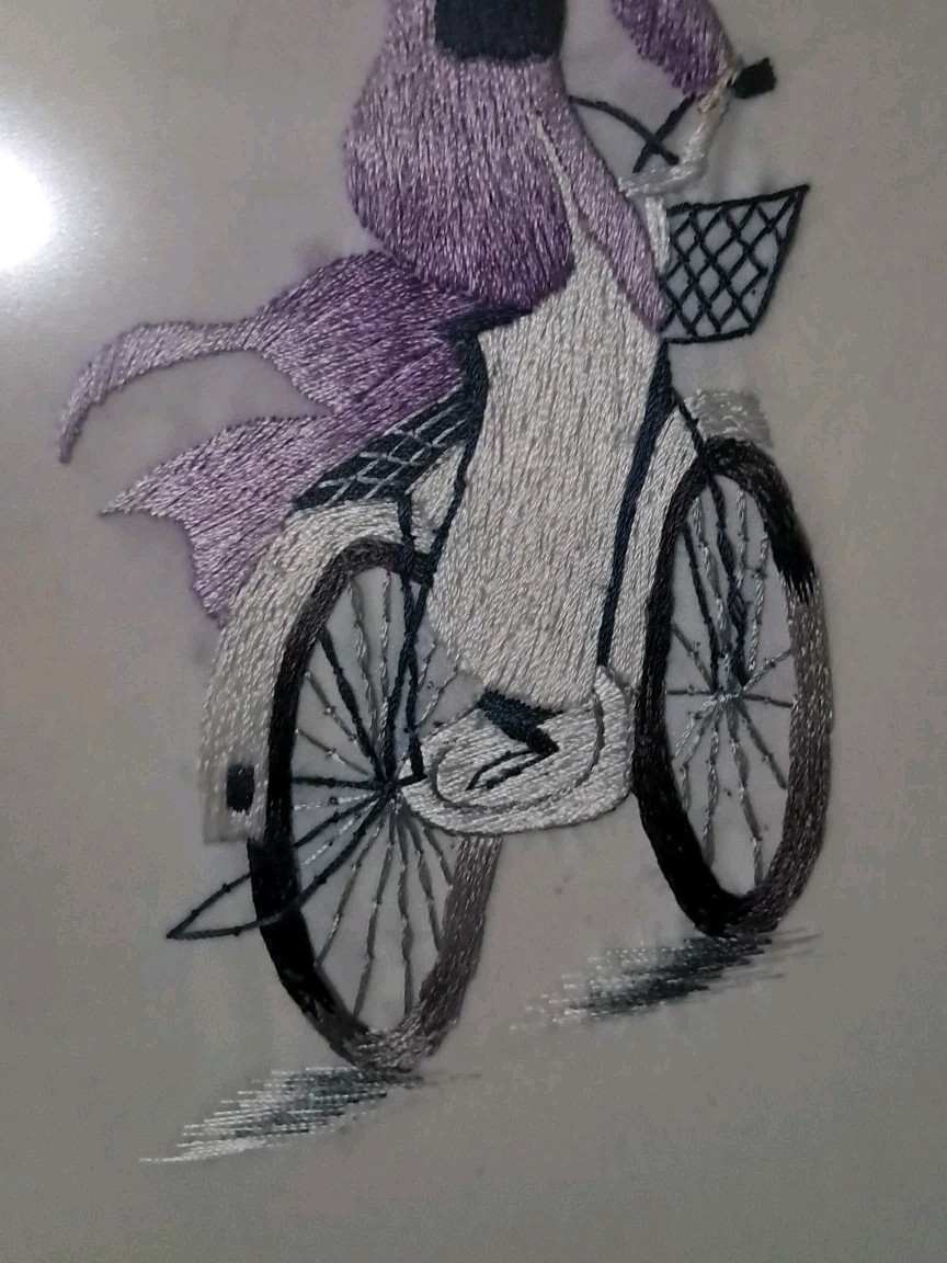 VINTAGE BEAUTIFUL SILK EMBROIDERED ASIAN LADY RIDING BICYCLE 12 X 14.5