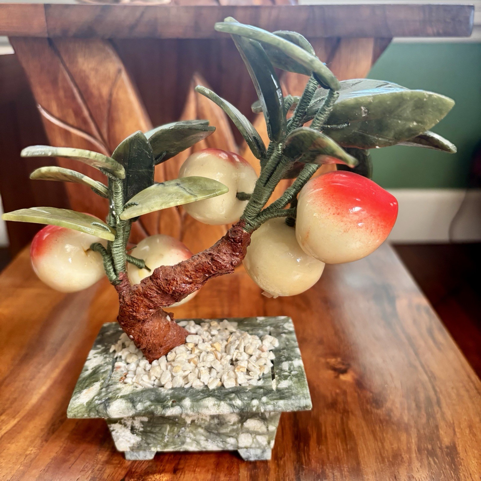 VTG Chinese Glass Jade Bonsai Tree with Plums in Rectangular Planter 7.5″ Tall