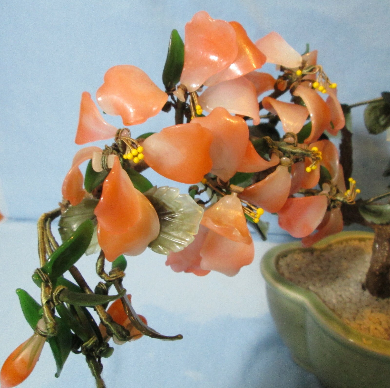 Antique JADE & AGATE Bonsai Tree ~ Asian Flowers in Celadon Pot LARGE 14″ tc