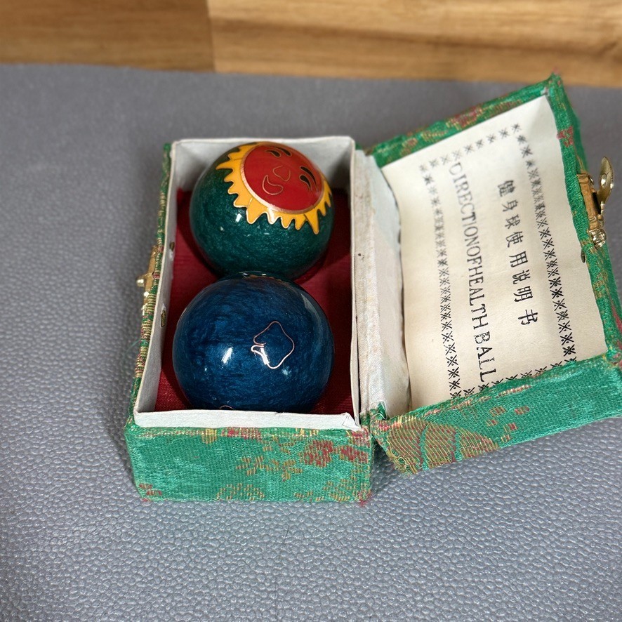 Vintage Cloisonne Health Ball Set Sun Moon Stars in Silk Box Chinese Baoding