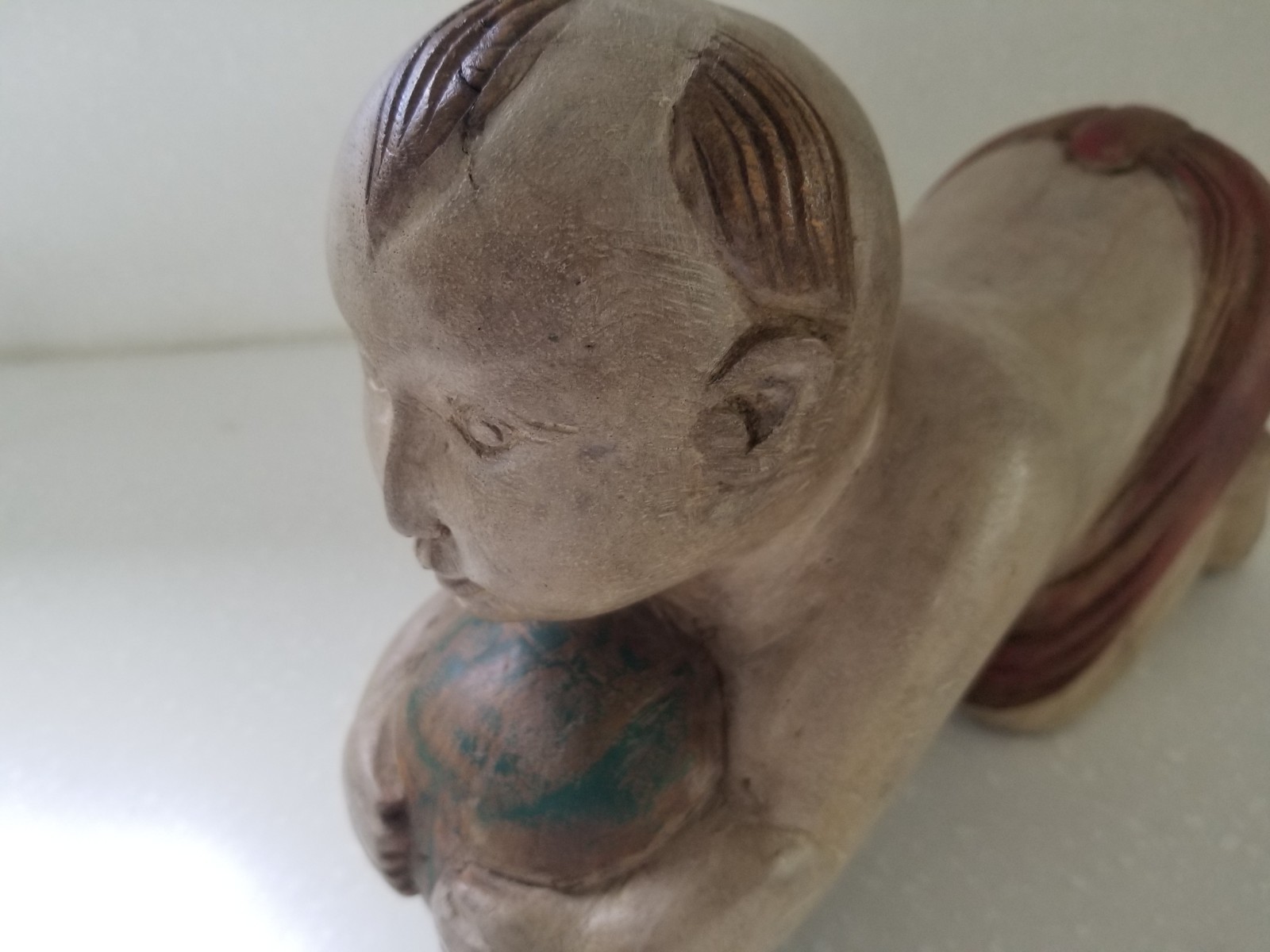 Vintage Chinese Opium Pillow Boy with Ball Solid Wood Headrest Hand Carved 9×7.5