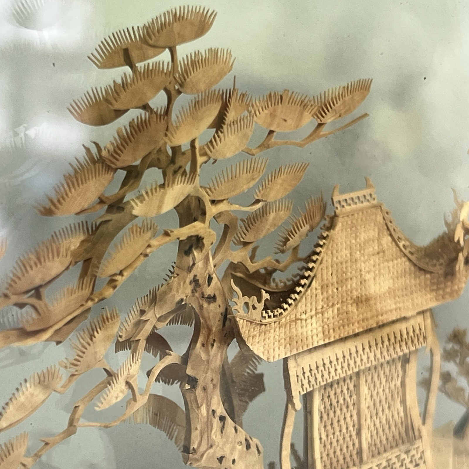 Vtg San Diorama Cork HandCarved W/ Pagoda Trees & Cranes In Glass Case 6X7”